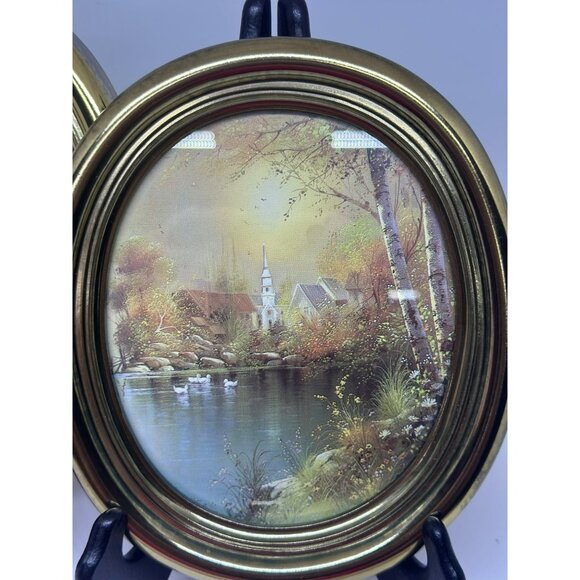 VTG Homco Oval Landscape Art Rustic Lake 7 x 5.5 Set-of-2 Timeless Serene Nature - Picture 3 of 10